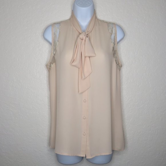 Forever 21* Women's Sleeveless Tie Bow Neck Curved Hem Lace Blouse~ Size‎ Small - Picture 1 of 13
